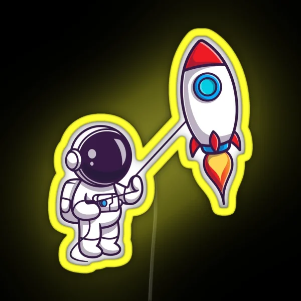 Cute Astronaut Playing Rocket RGB Neon Sign