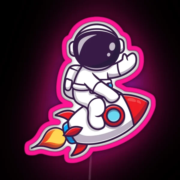 Cute Astronaut Riding Rocket RGB Neon Sign