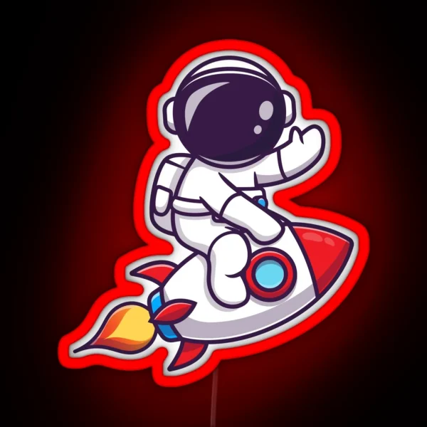 Cute Astronaut Riding Rocket RGB Neon Sign