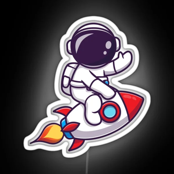 Cute Astronaut Riding Rocket RGB Neon Sign