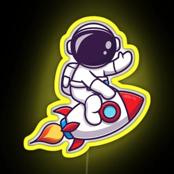 Cute Astronaut Riding Rocket RGB Neon Sign