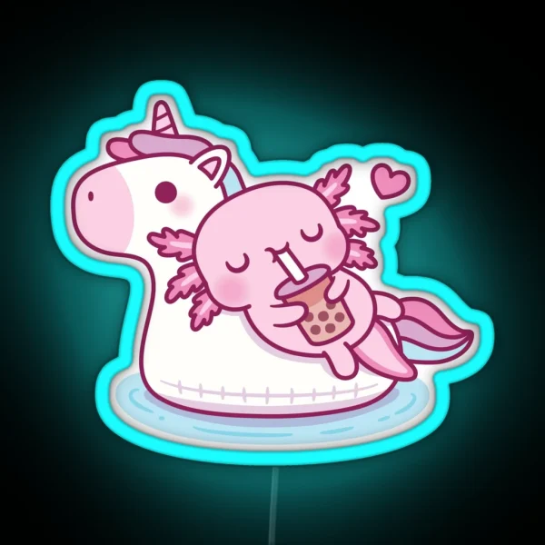 Cute Axolotl Chilling On Unicorn Pool Float Drinking Bubble Tea RGB Neon Sign