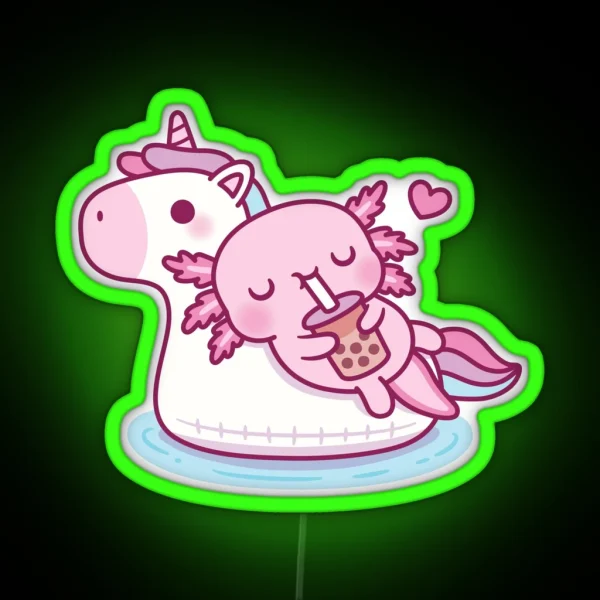 Cute Axolotl Chilling On Unicorn Pool Float Drinking Bubble Tea RGB Neon Sign