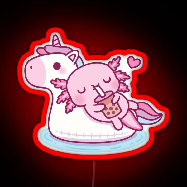 Cute Axolotl Chilling On Unicorn Pool Float Drinking Bubble Tea RGB Neon Sign