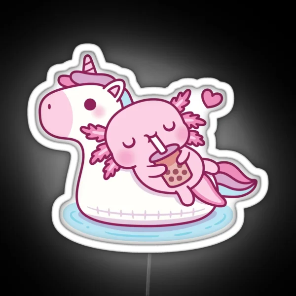 Cute Axolotl Chilling On Unicorn Pool Float Drinking Bubble Tea RGB Neon Sign