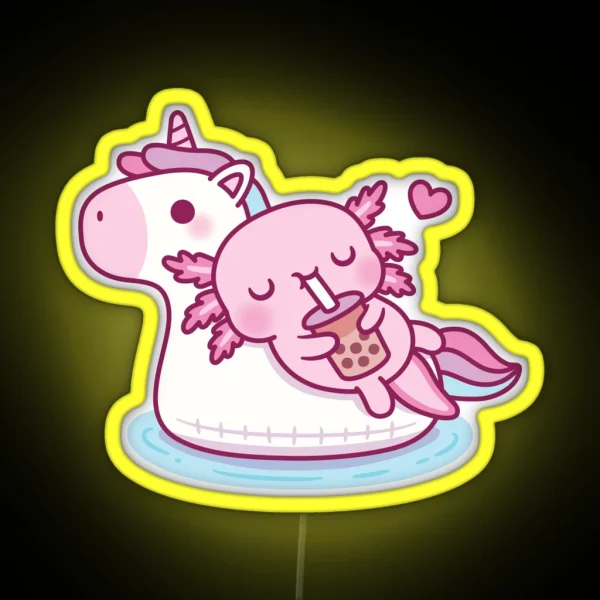 Cute Axolotl Chilling On Unicorn Pool Float Drinking Bubble Tea RGB Neon Sign