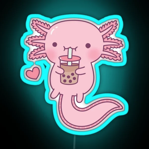 Cute Axolotl Drinking Bubble Tea RGB Neon Sign