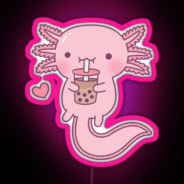 Cute Axolotl Drinking Bubble Tea RGB Neon Sign