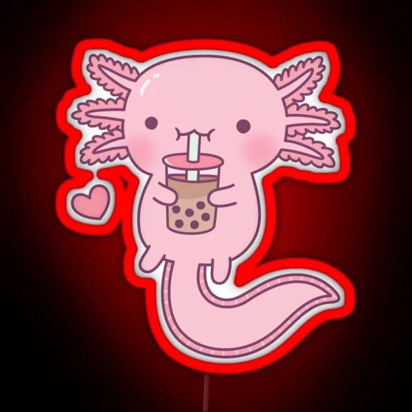 Cute Axolotl Drinking Bubble Tea RGB Neon Sign