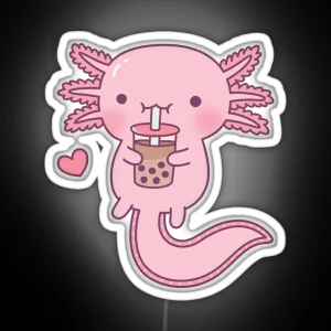 Cute Axolotl Drinking Bubble Tea RGB Neon Sign