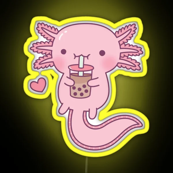 Cute Axolotl Drinking Bubble Tea RGB Neon Sign