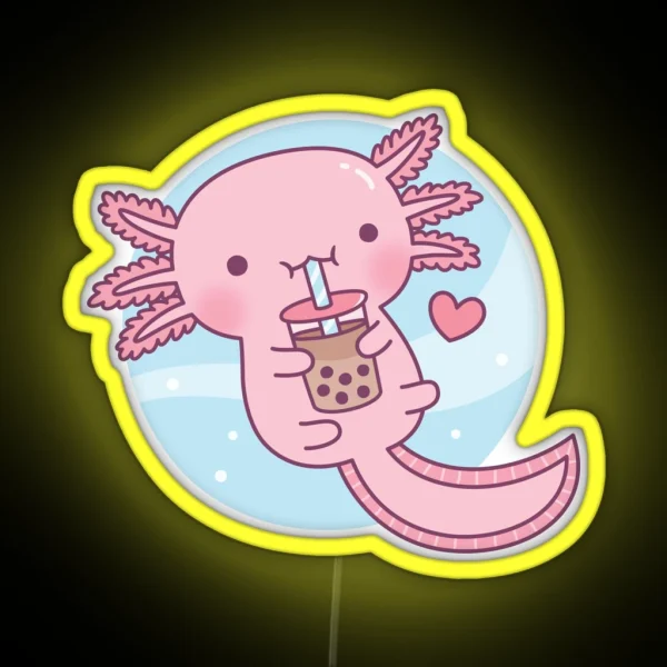 Cute Axolotl Loves Bubble Tea RGB Neon Sign