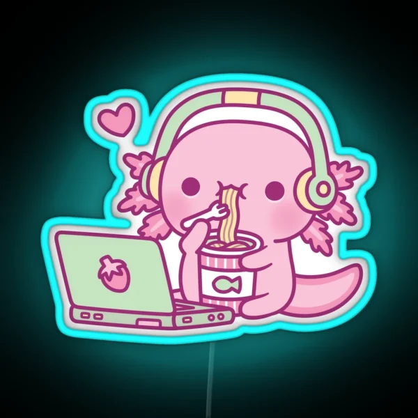 Cute Axolotl Loves Instant Noodles And Anime RGB Neon Sign