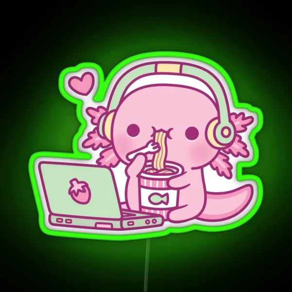 Cute Axolotl Loves Instant Noodles And Anime RGB Neon Sign