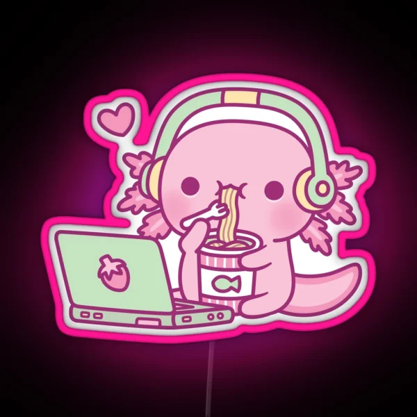 Cute Axolotl Loves Instant Noodles And Anime RGB Neon Sign