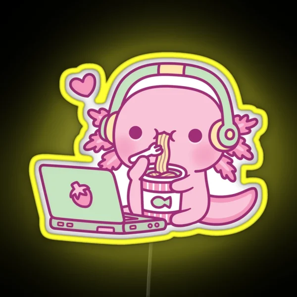 Cute Axolotl Loves Instant Noodles And Anime RGB Neon Sign