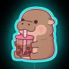 Neon LED Sign: Quirky Adorable Baby Hippo Enjoys Boba Tea