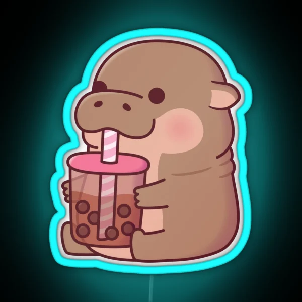 Cute Baby Hippo Drinking Boba Tea RGB Neon Sign