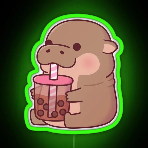 Cute Baby Hippo Drinking Boba Tea RGB Neon Sign