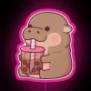 Adorable Baby Hippo Sips Rainbow Boba Tea in Neon Light