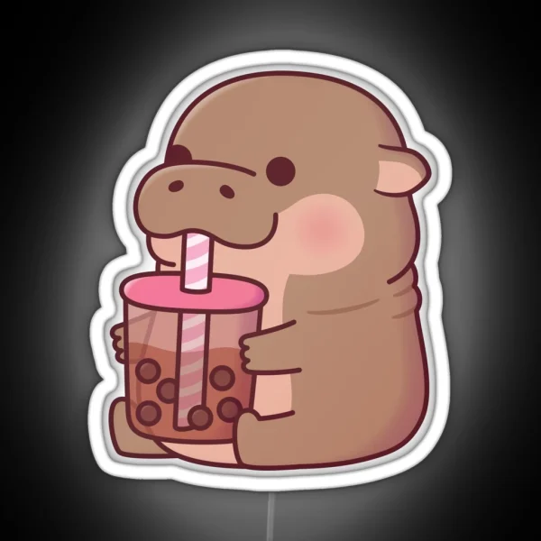 Cute Baby Hippo Drinking Boba Tea RGB Neon Sign