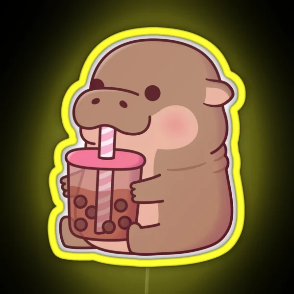 Cute Baby Hippo Drinking Boba Tea RGB Neon Sign