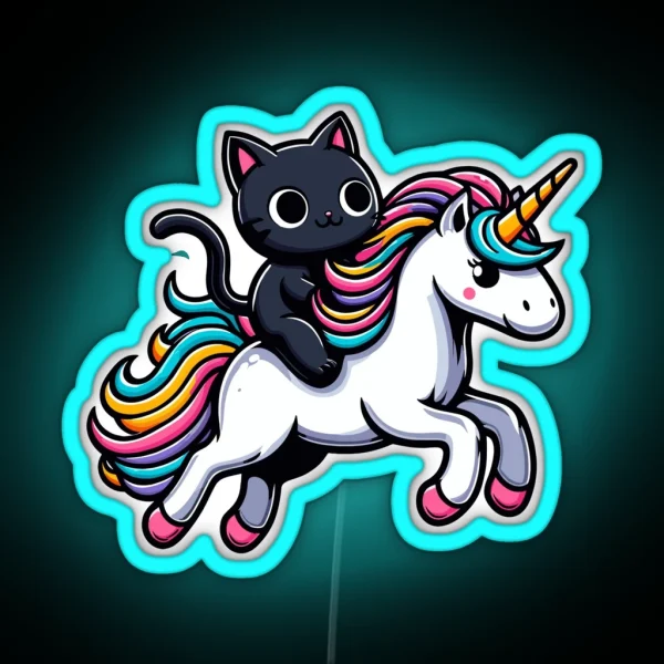 Cute Black Kitty Riding A Unicorn RGB Neon Sign