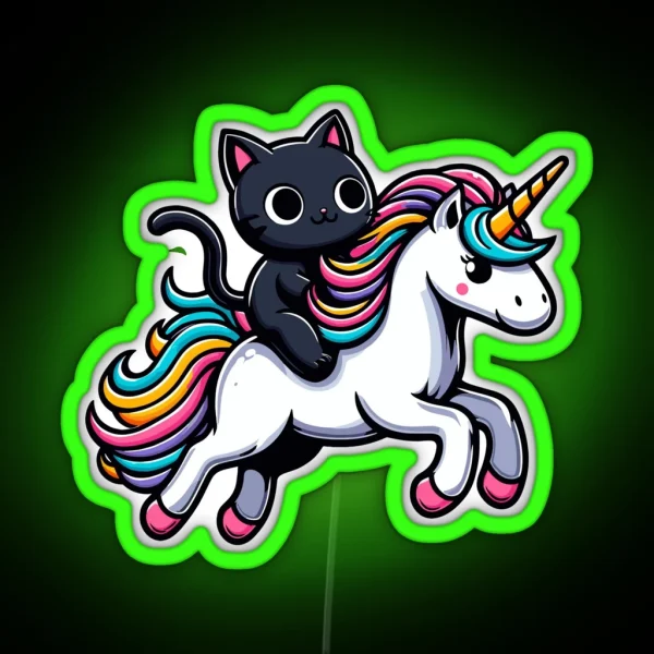 Cute Black Kitty Riding A Unicorn RGB Neon Sign