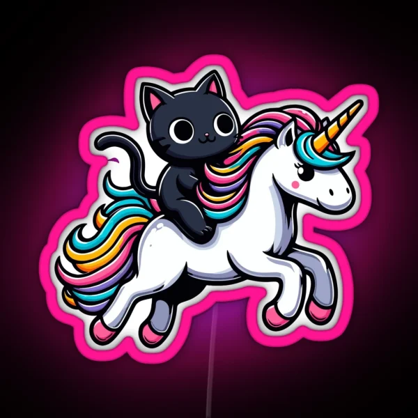 Cute Black Kitty Riding A Unicorn RGB Neon Sign