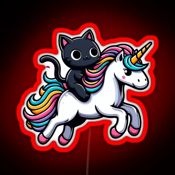 Cute Black Kitty Riding A Unicorn RGB Neon Sign