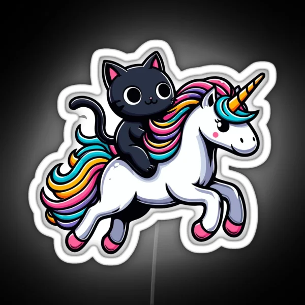 Cute Black Kitty Riding A Unicorn RGB Neon Sign