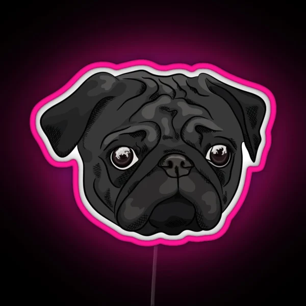 Cute Black Pug Portrait RGB Neon Sign