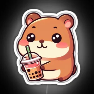 Cute Capybara Loves Bubble Tea RGB Neon Sign