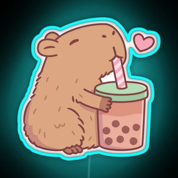 Cute Capybara Loves Bubble Tea RGB Neon Sign