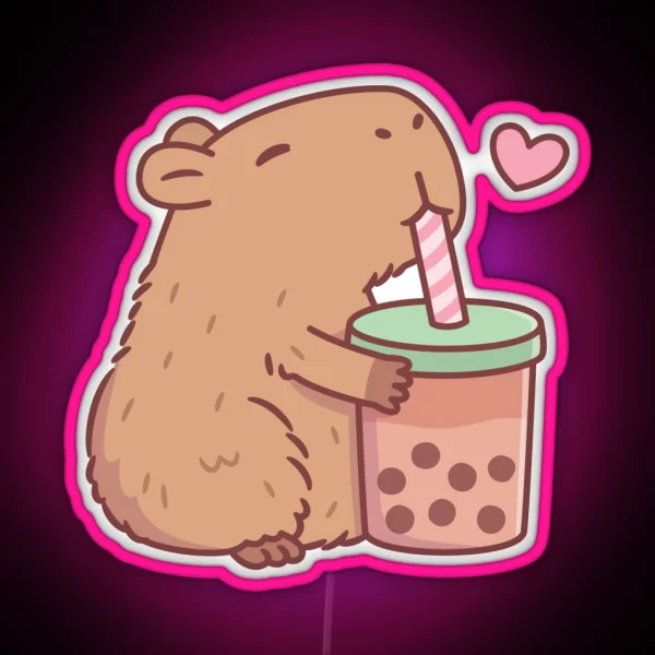 Cute Capybara Loves Bubble Tea RGB Neon Sign