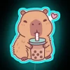 Neon sign featuring cute capybara and bubble tea design illustration.