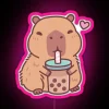 Colorful capybara bar enthusiast enjoying vibrant bubble tea at night