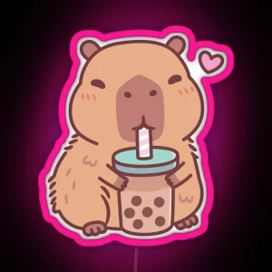 Cute Capybara Loves Drinking Bubble Tea RGB Neon Sign