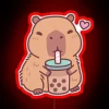 Cute Capybara Sipping Rainbow-Colored Bubble Tea in Vibrant Neon Glowing