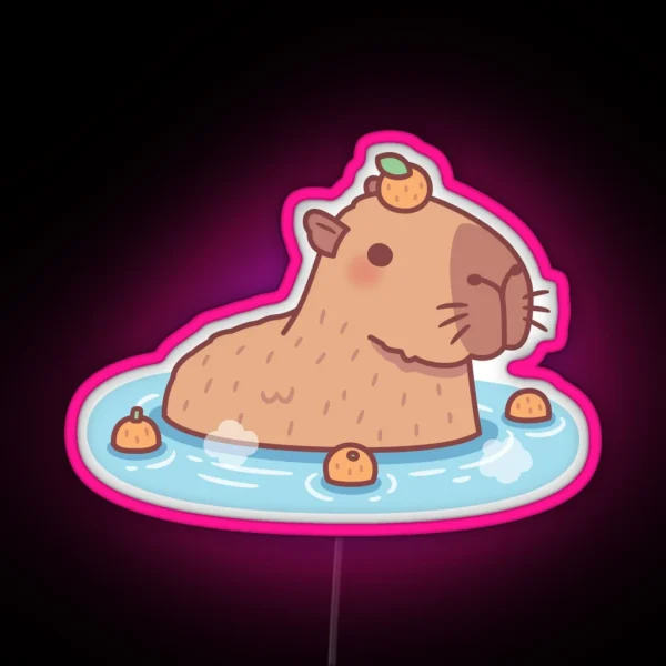 Cute Capybara With Orange On Head Chilling In RGB Neon Sign