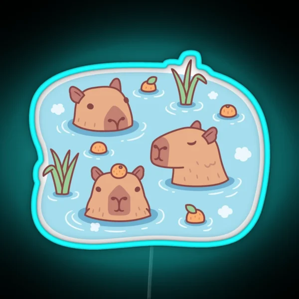 Cute Capybaras Chilling In Hot Spring With Oranges RGB Neon Sign