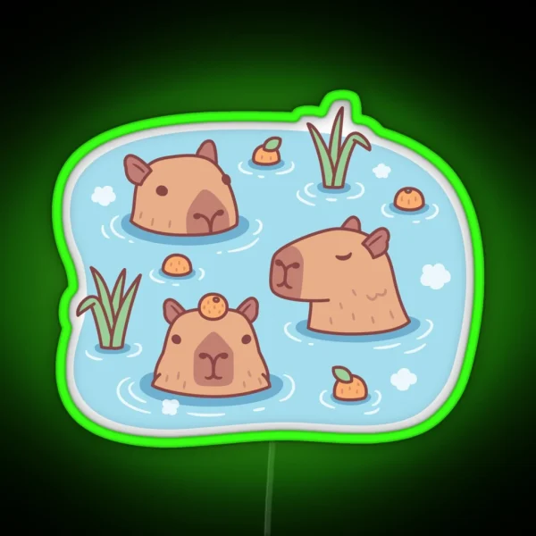 Cute Capybaras Chilling In Hot Spring With Oranges RGB Neon Sign