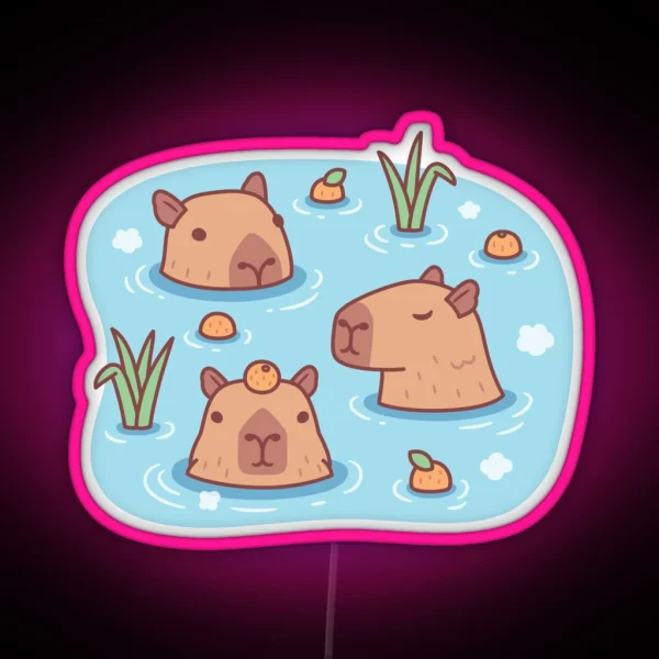 Cute Capybaras Chilling In Hot Spring With Oranges RGB Neon Sign