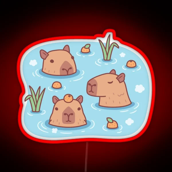 Cute Capybaras Chilling In Hot Spring With Oranges RGB Neon Sign
