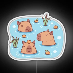 Cute Capybaras Chilling In Hot Spring With Oranges RGB Neon Sign