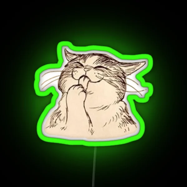 Cute Cat Licking It S Paw Design RGB Neon Sign