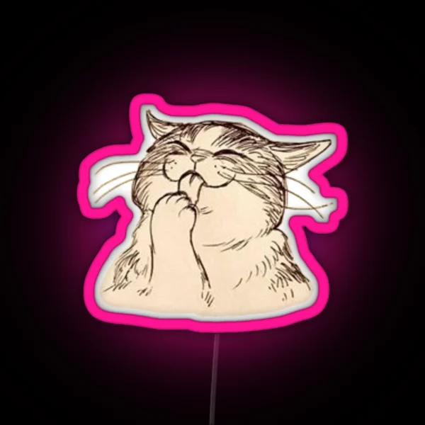 Cute Cat Licking It S Paw Design RGB Neon Sign