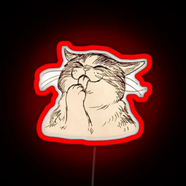 Cute Cat Licking It S Paw Design RGB Neon Sign