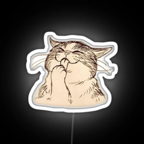 Cute Cat Licking It S Paw Design RGB Neon Sign
