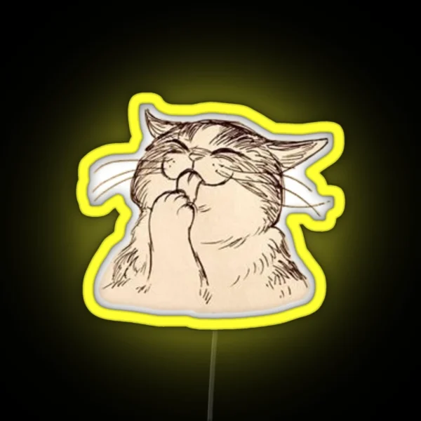 Cute Cat Licking It S Paw Design RGB Neon Sign